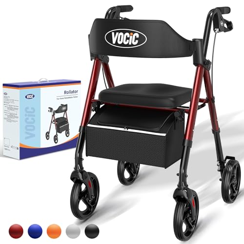 VOCIC Walkers for Seniors,Foldable Walker with Seat,Rollator Walker with Durable Aluminum,8' Big Wheels for All Terrain, Ergonomic Seat and Backrest,Dual Adjustable Height Rolling Walker| Gloria Red