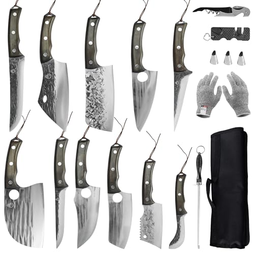 FULLHI 17pcs Butcher Chef Knife Set include sheath High Carbon Steel Cleaver Kitchen Knife Whole Tang Vegetable Cleaver Home BBQ Camping with Knife Bag