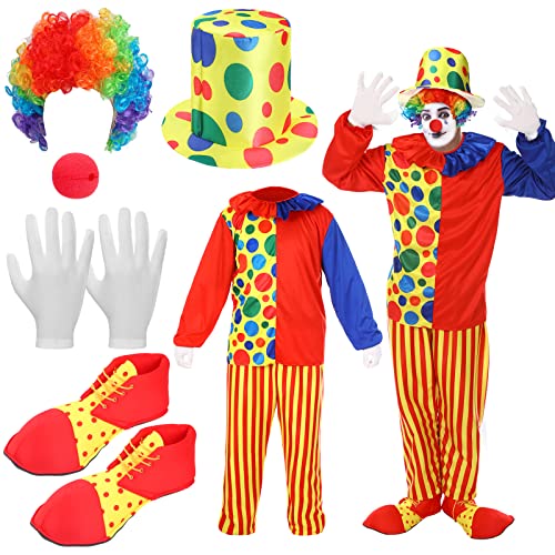 Funtery 6 Pcs Adult Clown Costume Red Clown Nose Shoes Hat Rainbow Clown Wig and Gloves for Men Women Cosplay (XL)