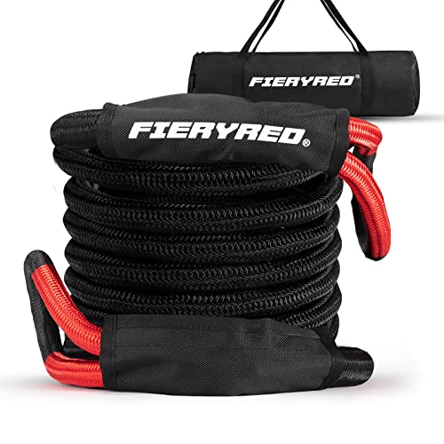 FieryRed Kinetic Energy Recovery Rope 30FT 7/8 Inch- Power Stretch Snatch Strap Vehicle Tow Rope with Reinforced Loops Protective Sleeve Tote Bag for Off-Road 4x4 ATV UTV Pickup