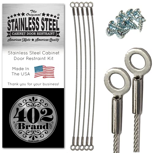402 Brand Stainless Steel Cabinet Door Restraint Kit. Made in USA. Flexible Braided Cable. Cupboard Hinge Limiter. Restrict Cabinet Door Swing. Limit Door Opening Angle.