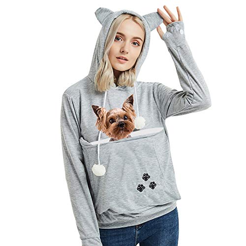 Womens Pet Carrier Sweater Dog Cat Pouch Hoodies Plus Size Tops Light Grey 2XL