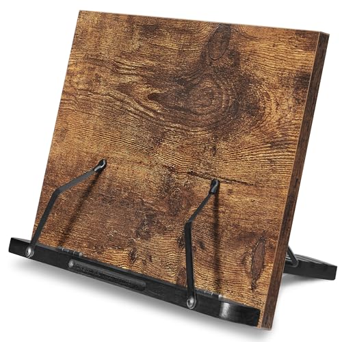 SONGMICS Cookbook Stand, Foldable Cookbook Holder, Recipe Book Holder with Clips, 5-Angle Adjustable, for Kitchen, Rustic Brown ULLD112B01