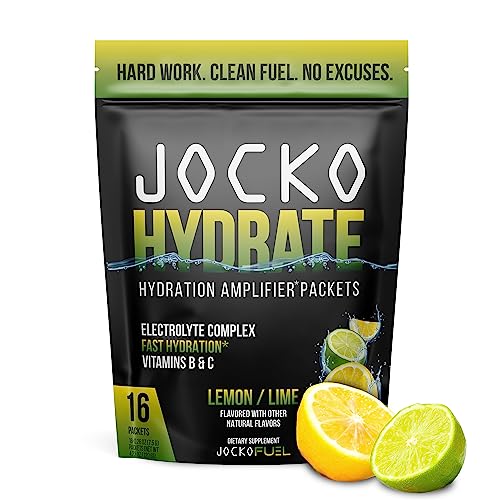 Jocko Fuel Hydrate Electrolytes Powder Packets No Sugar - Hydration Amplifier Packets for Recovery, Dehydration, & Exercise - with Vitamins B6, B12 & C (16 Packets) Lemon Lime