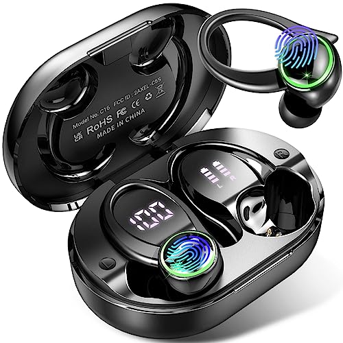 Headphones Bluetooth 5.3 Wireless Earbuds ENC Noise Cancelling Mic, Bass Stereo Over Ear buds with Earhooks, 48H Playback and Dual LED Display, IP7 Waterproof Earphones for Sports/Workouts/Gym/Gaming