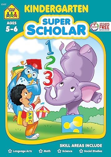 School Zone - Kindergarten Super Scholar Workbook - 128 Pages, Ages 5 to 6, Shapes, Colors, Beginning Sounds, Identifying Patterns, and More