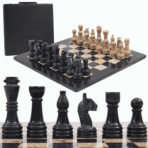 Radicaln Marble Chess Set with Storage Box 15 Inches Black and Fossil Coral Handmade Chess Board Games - 2 Player Games for Adults - 1 Chess Board & 32 Chess Pieces