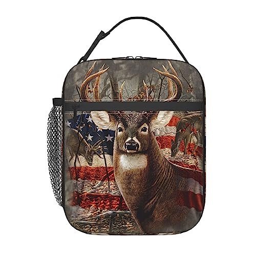 HIONHSW Retro Deer American Flag Lunch Box Insulated Lunch Bags Zipper Lunch Bag Cooler Tote Bag for Teens Girls Boys Men Women Office Picnic