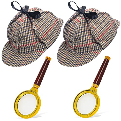 Aichiyu 4 Pieces Detective Hat with Magnifier Private Investigator Costume Kit Beret Hat Deerstalker Hat Newsboy Caps for Kids and Adult