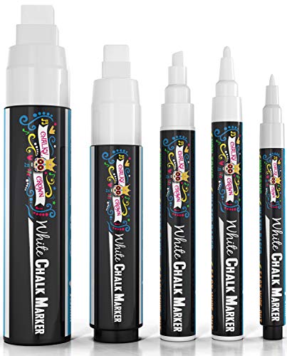 CHALKY CROWN 5pc White Chalk Markers - Non-Toxic Liquid Chalkboard Markers, White Liquid Chalk Marker for Windows, Glass - 1, 3, 6, 10, 15mm Tips