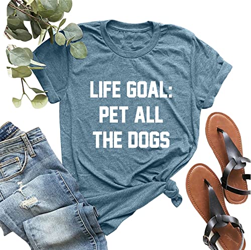 Women Mom Tshirts Life Goal Pet All The Dogs Letter Print Shirts Funny Saying Dog Lover Tee Top Gray-Green