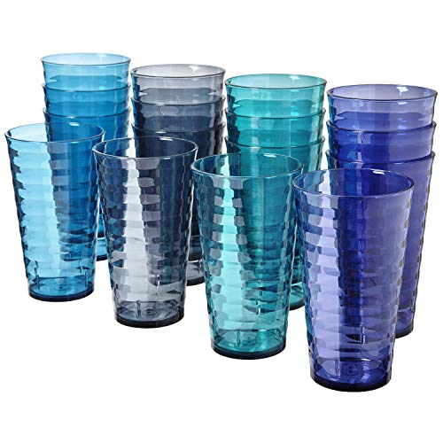 US Acrylic Splash 18 ounce Plastic Stackable Water Tumblers in 4 Coastal Colors | Value Set of 16 Drinking Cups | Reusable, BPA-free, Made in the USA, Top-rack Dishwasher Safe