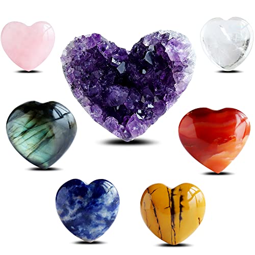 Healing Crystals and Stones, Nature Crystal Heart-Shaped Ornament Chakra Set, Amethyst Geode Rose Quartz Carnelian Sodalite Mookaite Clear Quartz Labradorite, for Spiritual Healing, Home Decoration.
