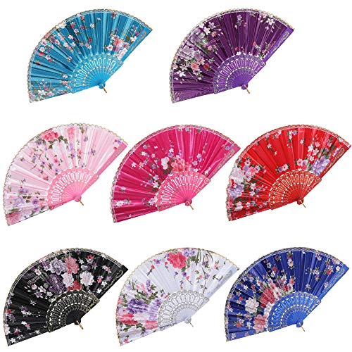 BABEYOND 8pcs Floral Folding Hand Fan Vintage Handheld Lace Folding Fan with Different Flower Patterns Fabric Folding Fan for Wedding Dancing Party (Color Random Selected with Chinese rose)