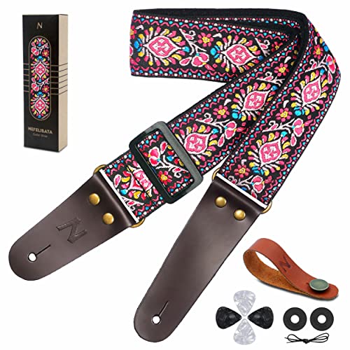 Guitar Strap, Vintage Embroidered Cotton Guitar Straps with Genuine Leather Ends for Bass, Electric & Acoustic Guitars, Come with Free Strap Button, 1 Pair Strap Locks and 4 Guitar Picks (Pink Flower)