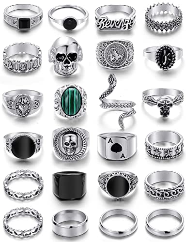 KISS WIFE Vintage Silver Punk Rings Set for Men, Cool Gothic Chunky Rings Bulk, Skull Snake Spade Ace Malachite Stackable Hippie Knuckle Rings Pack, Trendy Men's Jewelry (Vintage Silve,Size 9~10, 24pcs)