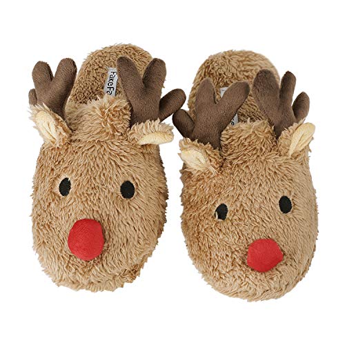 Womens Warm Fleece Indoor Cartoon Slippers Winter Soft Cozy Home Booties Non-Slip Plush Slip-on Shoes Ankle Boots (S: US 5-6 B(M), Brown Elk Antler)