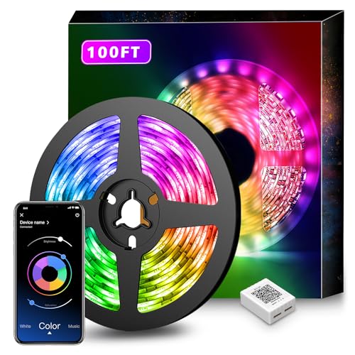 Nexillumi 100Ft LED Strip Lights Music Sync Color Changing RGB LED Strip Remote, Sensitive Built-in Mic, App Controlled LED Lights Rope Lights, 5050 RGB LED Light Strip(APP+Remote+Mic)