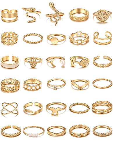 iF YOU 30 Pcs Vintage Gold Knuckle Rings Set, Boho Butterfly Snake Stackable Finger Rings for Women Girls, Midi Rings Pack