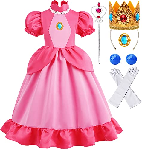 Oskiner Princess Peach Costume for Girls,Super Bros Kids Princess Peach Dress Halloween Cosplay Outfit with Accessories