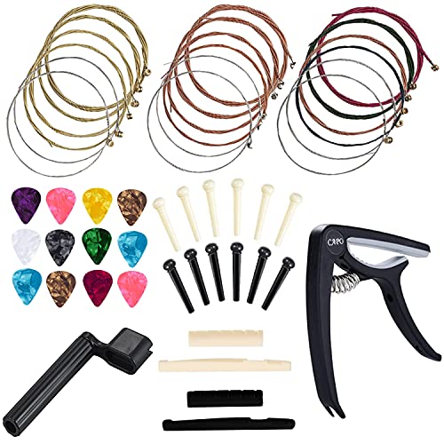 Anvin Acoustic Guitar Accessories Kit Guitar Strings Replacement Changing Tool Including Guitar Acoustic Strings, Picks, Capo, String Winder, Bridge Pins, Picks for Guitar Players Beginners (48 Pcs)