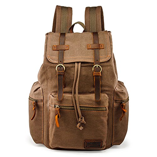 GEARONIC 21L Vintage Canvas Backpack for Men Women Leather Rucksack Knapsack 15 inch Laptop Tote Satchel College Military Army Shoulder Rucksack Hiking Bag-Brown
