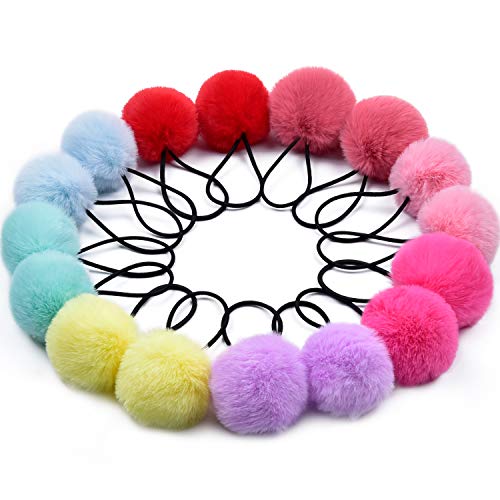 MORGLES Pom Pom Hair Ties, 16pcs Girls Hair Ties Hair Accessories Fluffy Ponytail Holders PomPom Hair Band for Girls Toddlers Pigtail, 2 inch