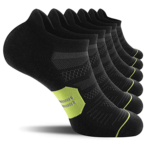 CelerSport 6 Pack Men's Running Ankle Socks with Cushion, Low Cut Athletic Tab Socks, Black + Green, Large