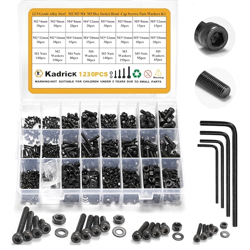Kadrick 1230PCS M2 M3 M4 M5 Screws Nuts and Washers Assortment, Grade 12.9 Alloy Steel, Hex Socket Head Cap Metric Bolts and Nuts Kit, Black Zinc Palted,Anti Rust Upgrade