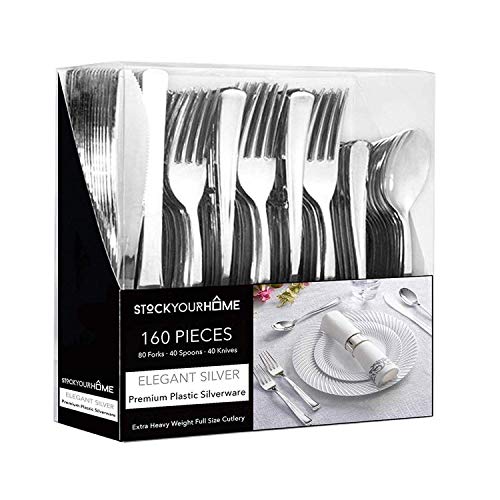 160 Pack Silver Plastic Cutlery Disposable Silverware - 80 Forks, 40 Knives, 40 Spoons - For Catering, Parties, Dinners, Weddings, and Everyday Use