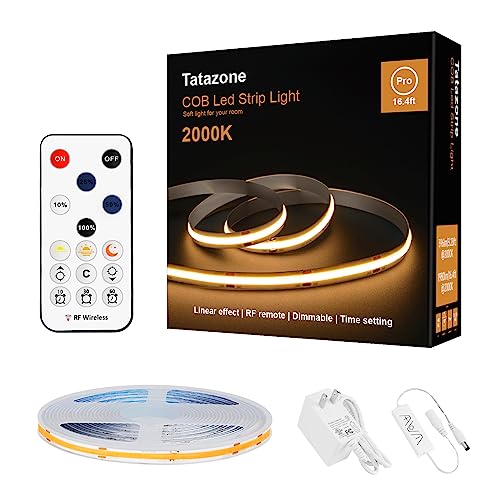 Tatazone 2000K Yellow COB Led Strip Lights with RF Remote, 16.4ft Dimmable Bright Dotless Amber Led Light Strip, Adhesive Indoor Yellow Led Lights for Window, Living Room,Shelf