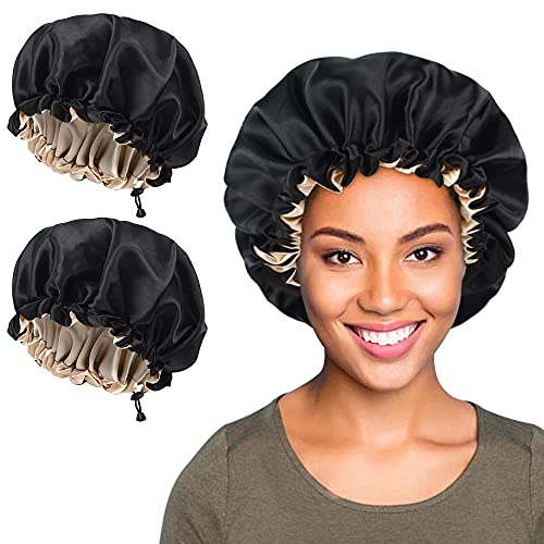 SUNLAND Satin Bonnet Hair Bonnet Silky Sleeping Cap Adjustable Satin Cap for Night Sleeping Hair Wrap Reversible Double Layer Black 2Pack