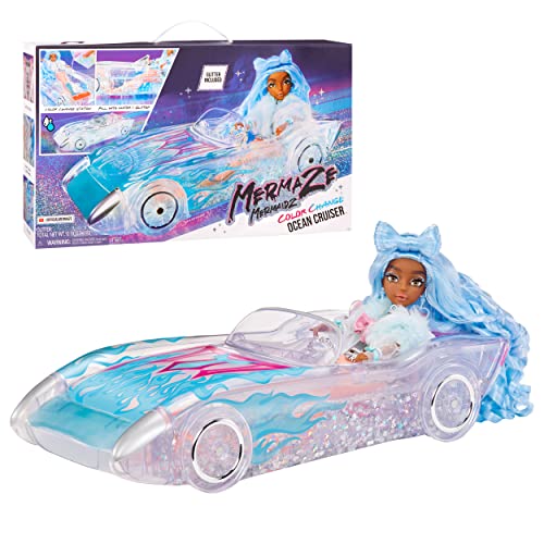 MERMAZE MERMAIDZ Ocean Cruiser Convertible Car with Color Change Decals, Glitter-Filled Walls, Rolling Wheels, Working Seat Belts, Steering Wheel, Fits 2 Dolls