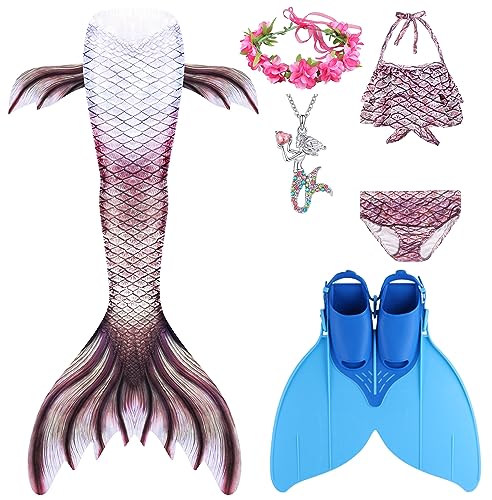Zentaifan Mermaid Tails for Swimming for Girls with Monofin 6Pcs Princess Bikini Swimsuit Set 6-13 Years Old(Pattern Six, 12-13Years)