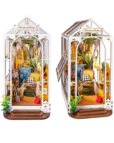 Rolife Book Nook Kit Wooden Bookcase 9.5' Garden House Miniature Kit with LED Decorative Bookends, 3D Puzzles for Adults Craft Hobby for Girls Boys Adults