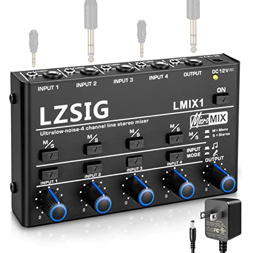 LZSIG Mini Audio Mixer,Stereo Line Mixer for Sub-Mixing,Ultra Low-Noise,4-Channel,Microphone Independent Control, 1/4' & 1/8' TRS Output and Input, for Guitars,Bass,Keyboards (Small(4-channel))