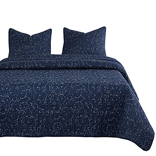 Wake In Cloud - Constellation Quilt Set, Navy Blue with White Space Stars Pattern Printed, Soft Microfiber Bedspread Coverlet Bedding (3pcs, Queen Size)
