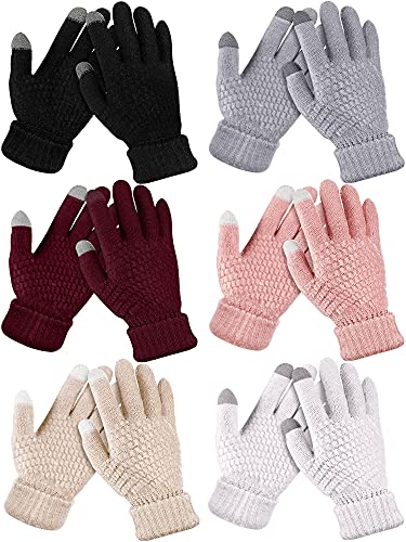 SATINIOR 6 Pair Women Winter Touch Screen Gloves Fleece Lined Knit Mitten for Woman Girl (Black, Gray, Pink, Beige, White, Wine Red), One Size