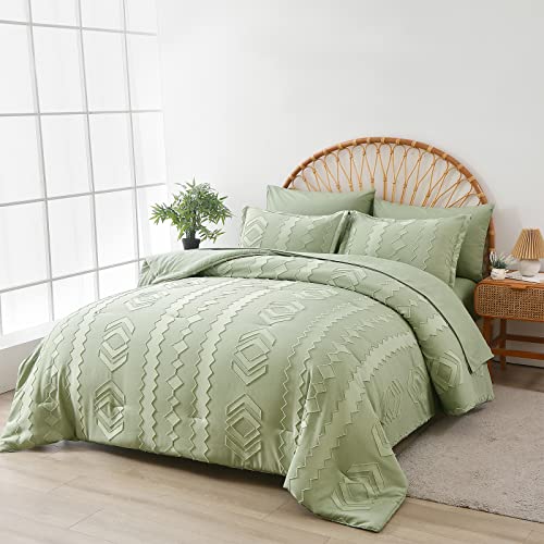 WURUIBO Tufted Green King Size Comforter Set,7 Piece Bed in a Bag Boho Shabby Chic Jacquard Comforter and Sheet Set,Green Farmhouse Bedding Set,Soft Microfiber Bedding Set for All Season(Green,King)
