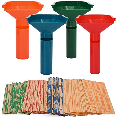 L LIKED 150 Assorted Flat Striped Coin Wrappers & 4 Coin Sorters Tubes, Color-Coded,Easy to Load