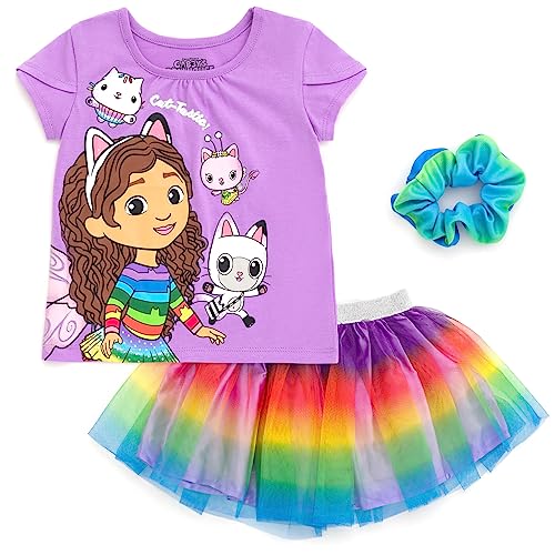Dreamworks Gabby's Dollhouse Toddler Girls T-Shirt Tulle Mesh Skirt and Scrunchie 3 Piece Outfit Set Purple/Rainbow 3T