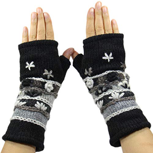 RW Hand Knit 100% Wool Fleece Lined Hand Warmer/Glove (Black)