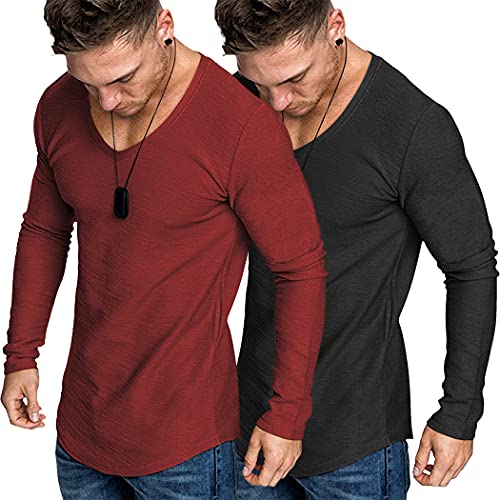 COOFANDY Men Muscle Athletic V Neck T Shirt Pack Fitted Bodybuilding Solid Tees Black/Red