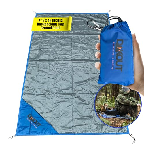 Ultralight Backpacking Tarp Ground Cloth 2.7 oz Waterproof Mini Pocket Blanket 27.5 x 48 Inches Compact Packable Groundsheet Hiking Gear for Two Pouch and Carabiner by DAKOUT Gear