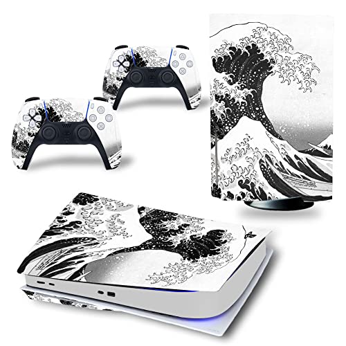 Skin for PS5 Disc Edition Decal Cover, Protective Sticker Decal for PS5, Full Set Skin Vinyl for PS5 Disc Console and Controller (White Sea Wave)