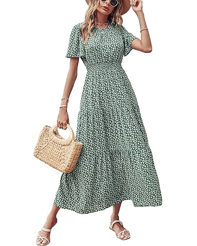 PRETTYGARDEN Women's Summer Casual Short Flutter Sleeve Round Neck Smocked Waist Tiered Boho Floral Flowy Maxi Dress(X-Large, Leaves Green)
