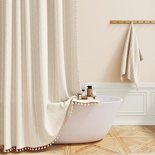 BTTN Boho Farmhouse Shower Curtain, Linen Rustic Weighted Striped Fabric Shower Curtain Set with Tassel, Water Repellent, Bohemian Vintage Country Cloth Shower Curtain for Bathroom, Cream/Beige, 72x72