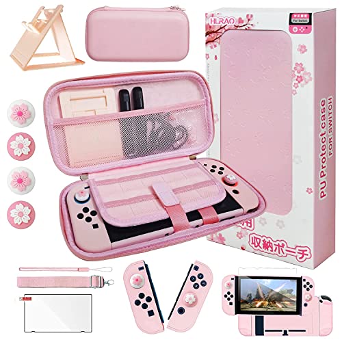 HLRAO Pink Travel Carrying Case Accessories Kit Compatible with Nintendo Switch (NOT Fit OLED/Lite).Pink Switch Hard Protective Cover,Adjustable Stand,Screen Protector & Cute Thumb Grips 10 in 1.