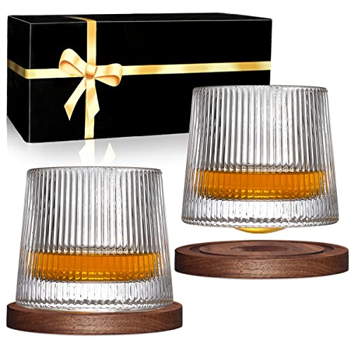 Whiskey Glasses Set of 2, Rotatable Tumbler Crystal Glass Cups, Drinking Glasses with 2Pcs Creative Walnut Coasters and Gift Box - for Scotch,Bourbon,Cocktails