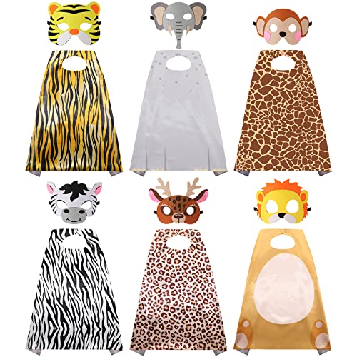 Zhanmai 6 Set Safari Party Favors Jungle Animal Mask and Capes for Kids Wild Animal Costumes Birthday Party Dress up Supplies
